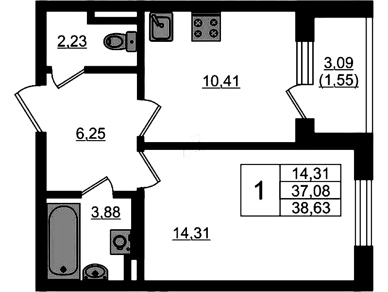 1-комнатная квартира 38.63 м², 1/4 эт., ЖК «Новая история»